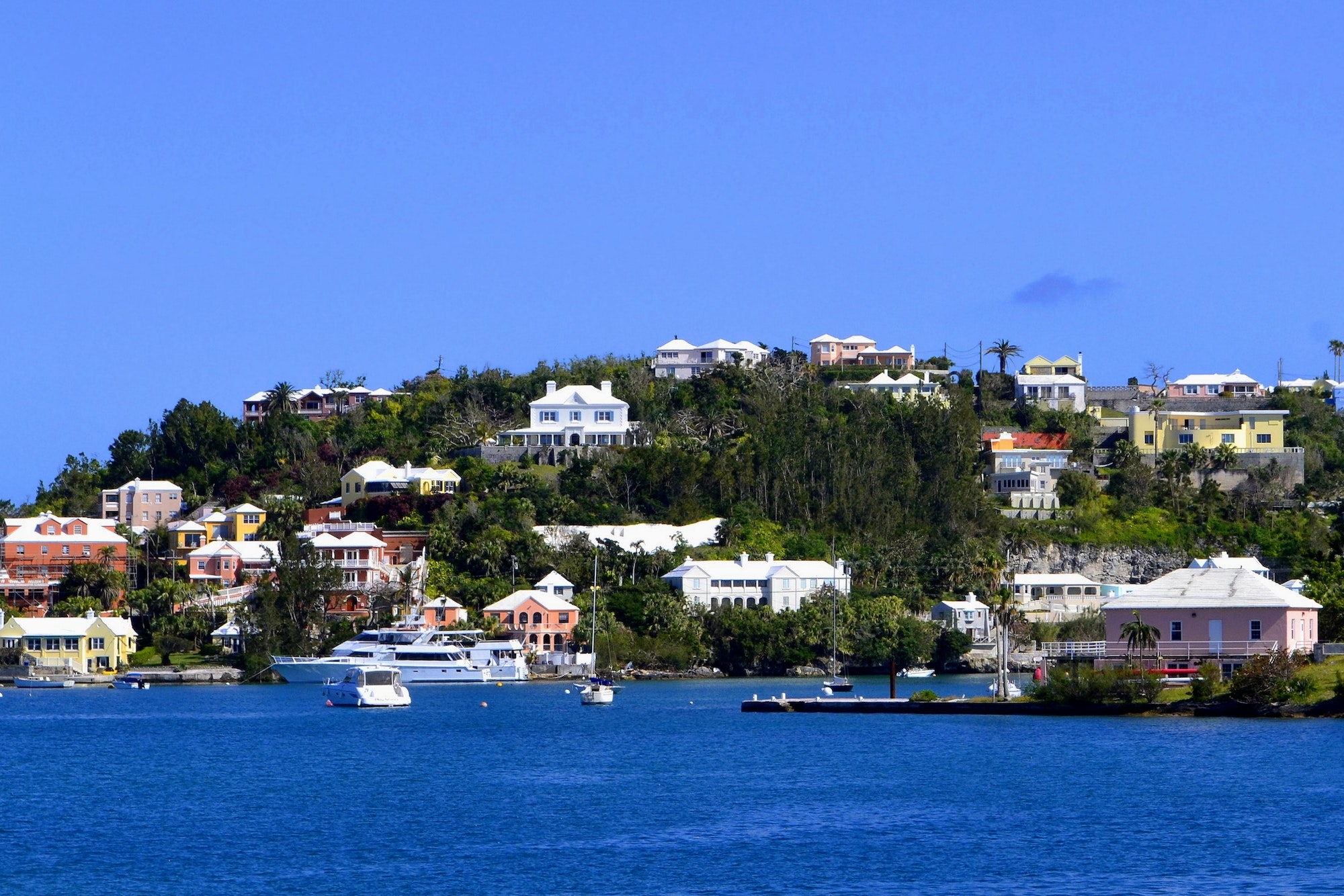 Colorful pastel buildings in the port town of Hamilton on the island of Bermuda
